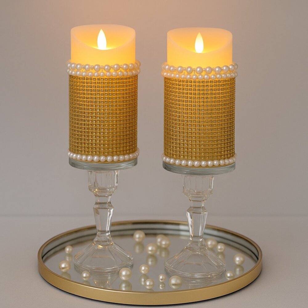 Handmade Gold & Pearl Glam Candle Holders – Elegant Crystal Base Set (2 Pieces)